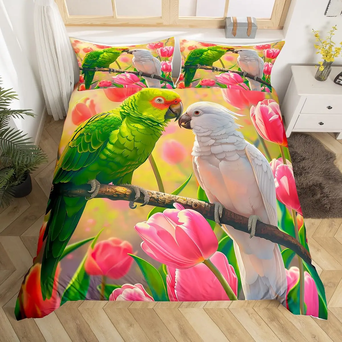 Parrot Duvet Cover Full Size Cute Birds Pattern Bedding Set Pink Tulip Floral Comforter Cover Flower Pastoral Style Quilt Cover