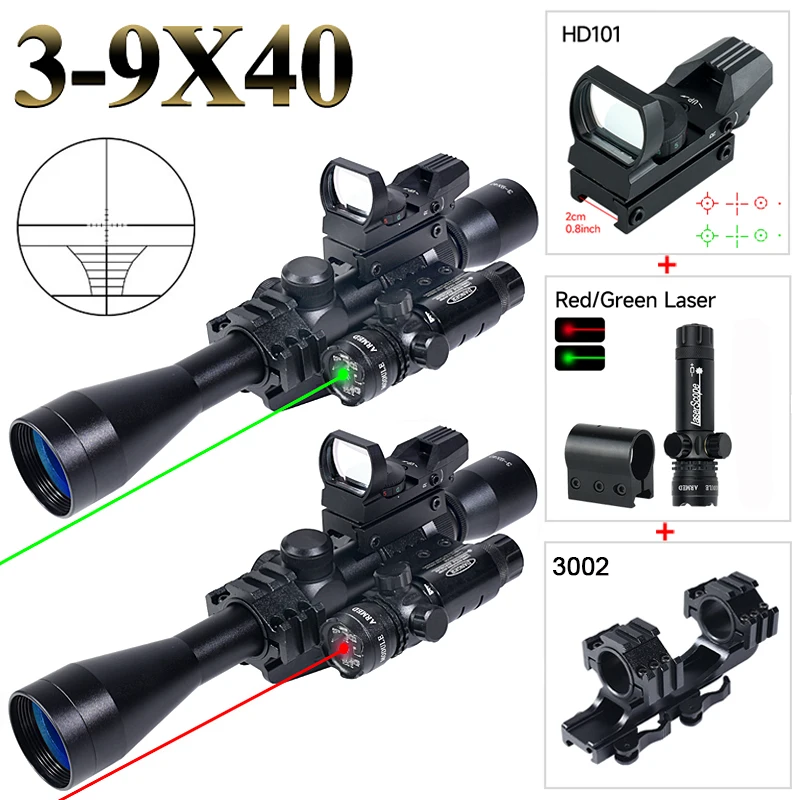 Riflescope 3-9x40 Rifle Sniper Scope Tactical Hunting Second Focal Plane Accessory with HD101 Red Dot and Red Green Laser Combo