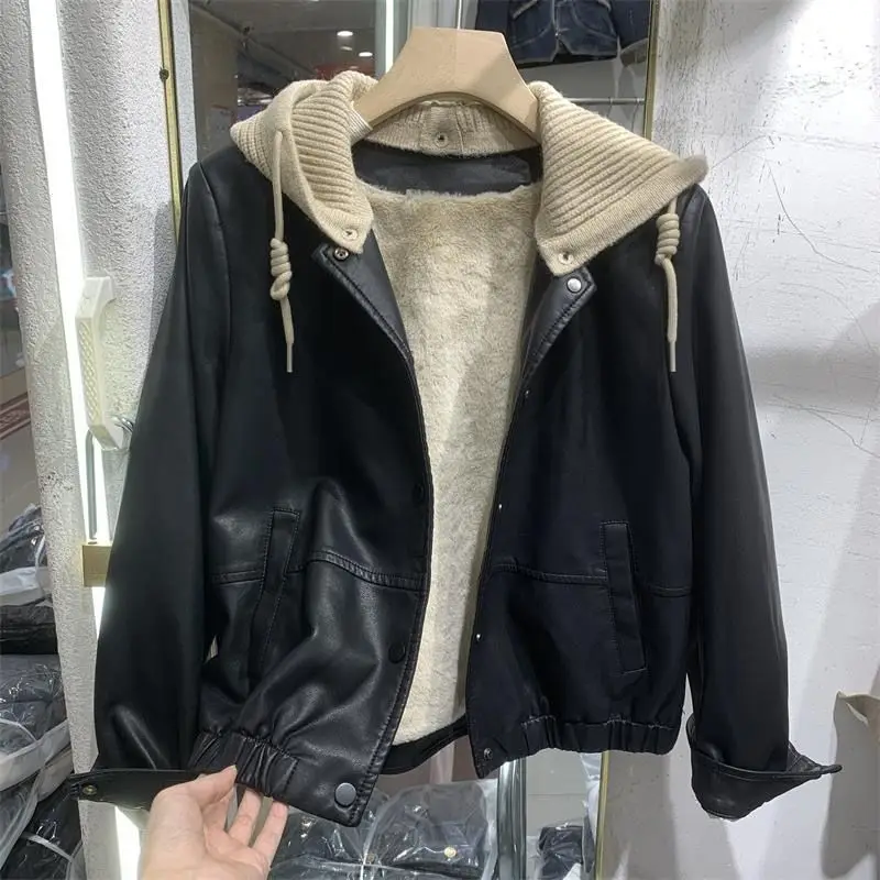 Women's Fleece-lined Leather jacket Coat Hooded Short Top Autumn/Winter New Lambswool Lining Parka jackets for women