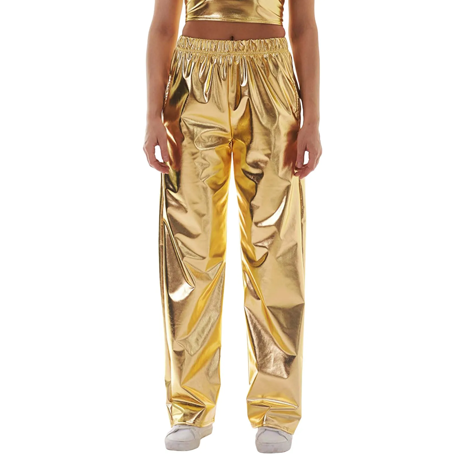 מכנסי זהב מבריקים נשים מתכתיים הולוגרפית פנאי רחוב גבוה מכנסיים קצרים