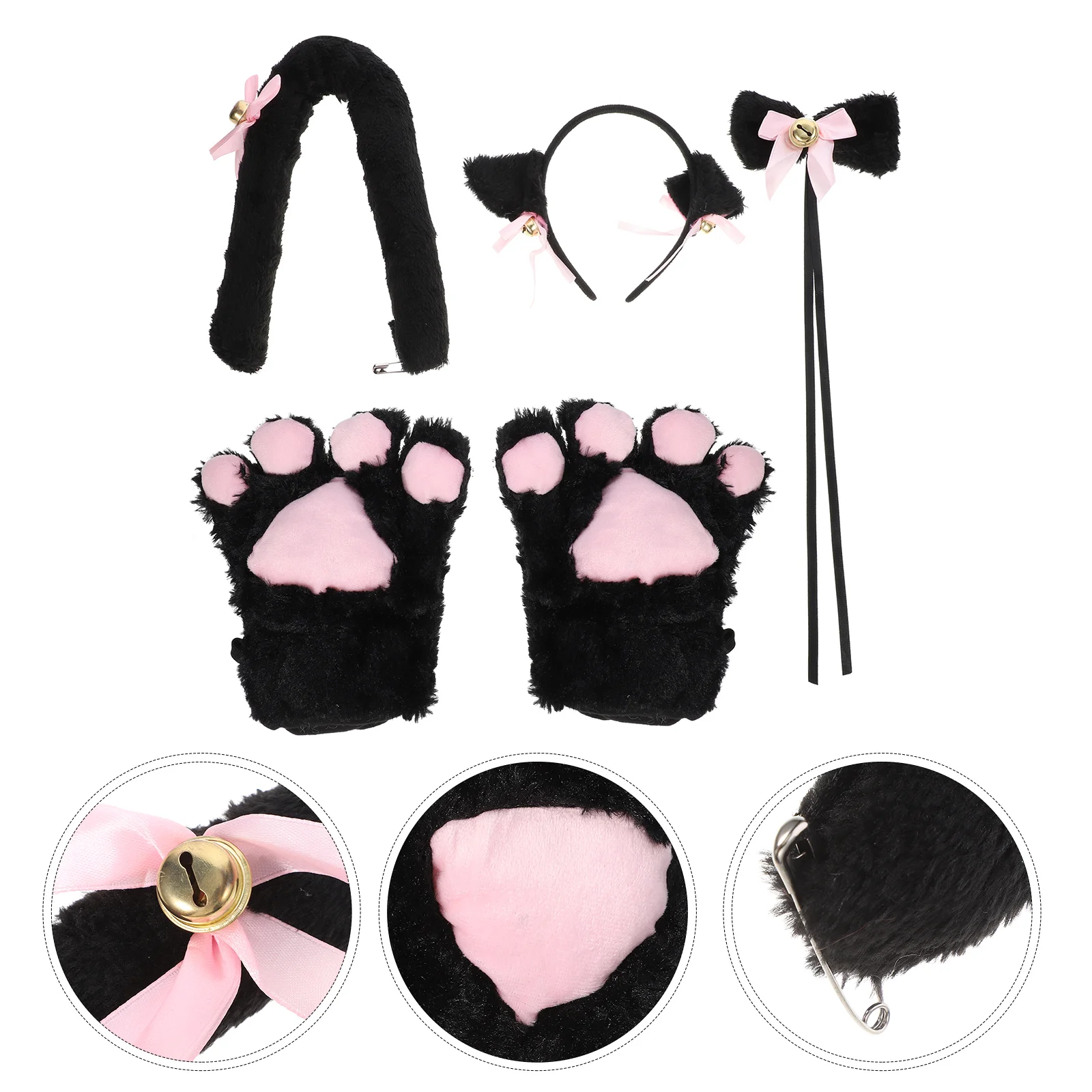 

5 Pcs Creative Cat Cosplay Costume Ears Collar Paws Gloves Lolita Gothic Set for Party Cosplay (Black)