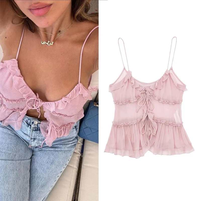 TRAF Cami Top Women Summer Black Pink Camisole 2023 Woman Sleeveless Off shoulder Ruffle See through Crop top Sexys tanks camis