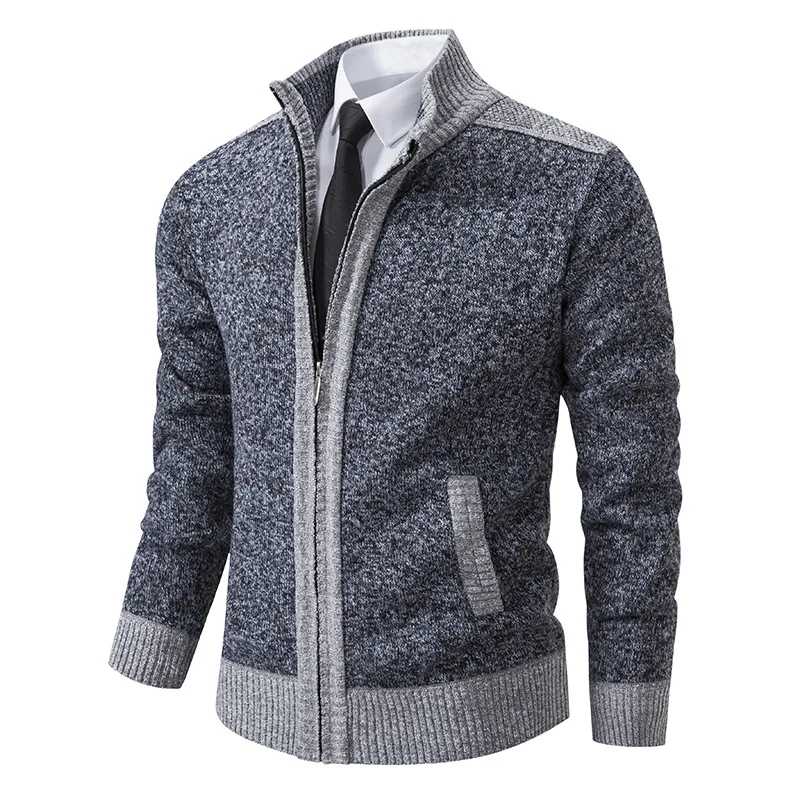 Autumn and Winter New Jacket Plus Size Fat Guy Zipper Sweater Thickened and Fleece Men's Spliced Cardigan Mock Neck Sweater