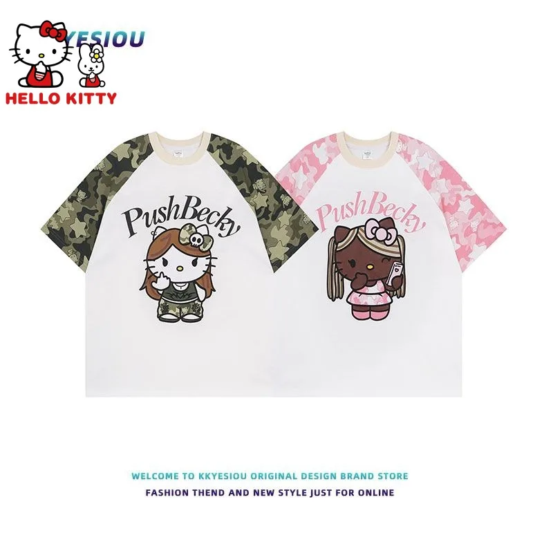 Hello Kitty Loose Camouflage Printing T-shirt Cotton American Casual Cartoon Women Men Short Sleeve Fashion Tees Couple Clothing