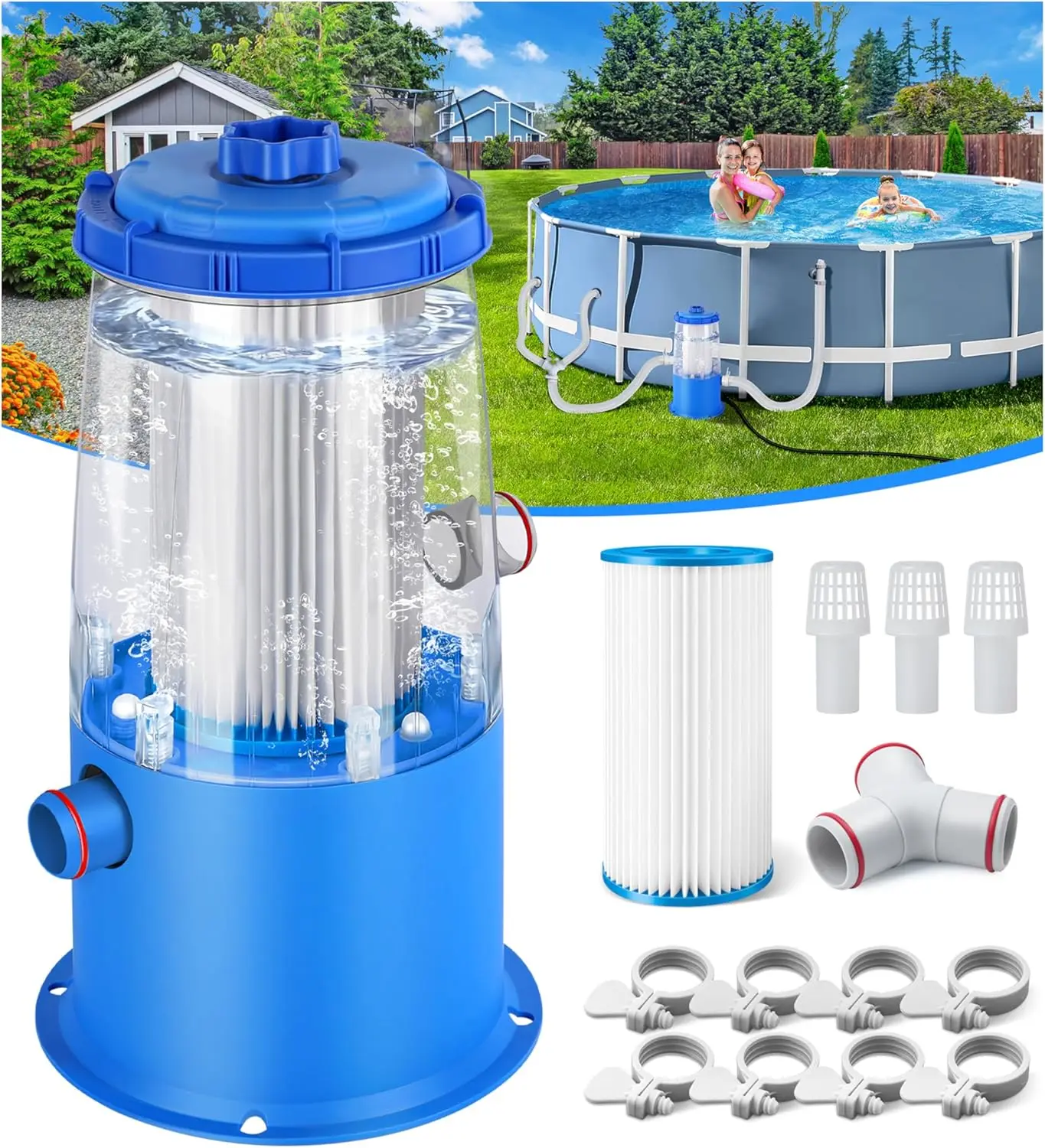 

Transparent 1000 GPH Above Ground Pool Filter Pump – Easy Cartridge Status Viewing, Powerful Circulation & Filtration for Crystal-Clear Water