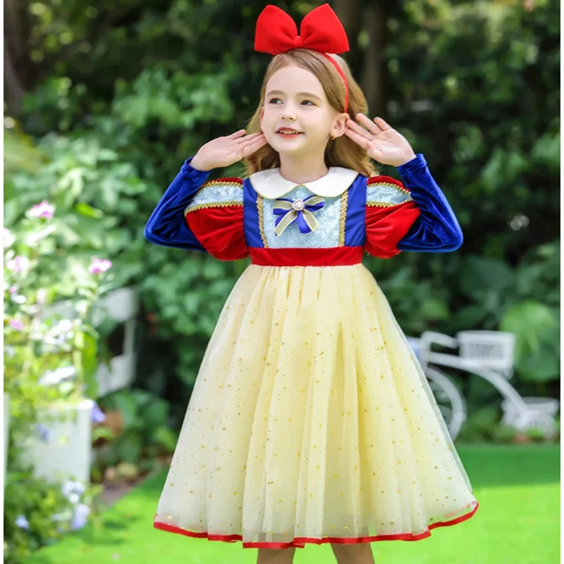 Snow White Costume For Kids Carnival Party Cosplay Outfits Girl Princess Role Playing Frocks Long Sleeve Mesh Prom Dress