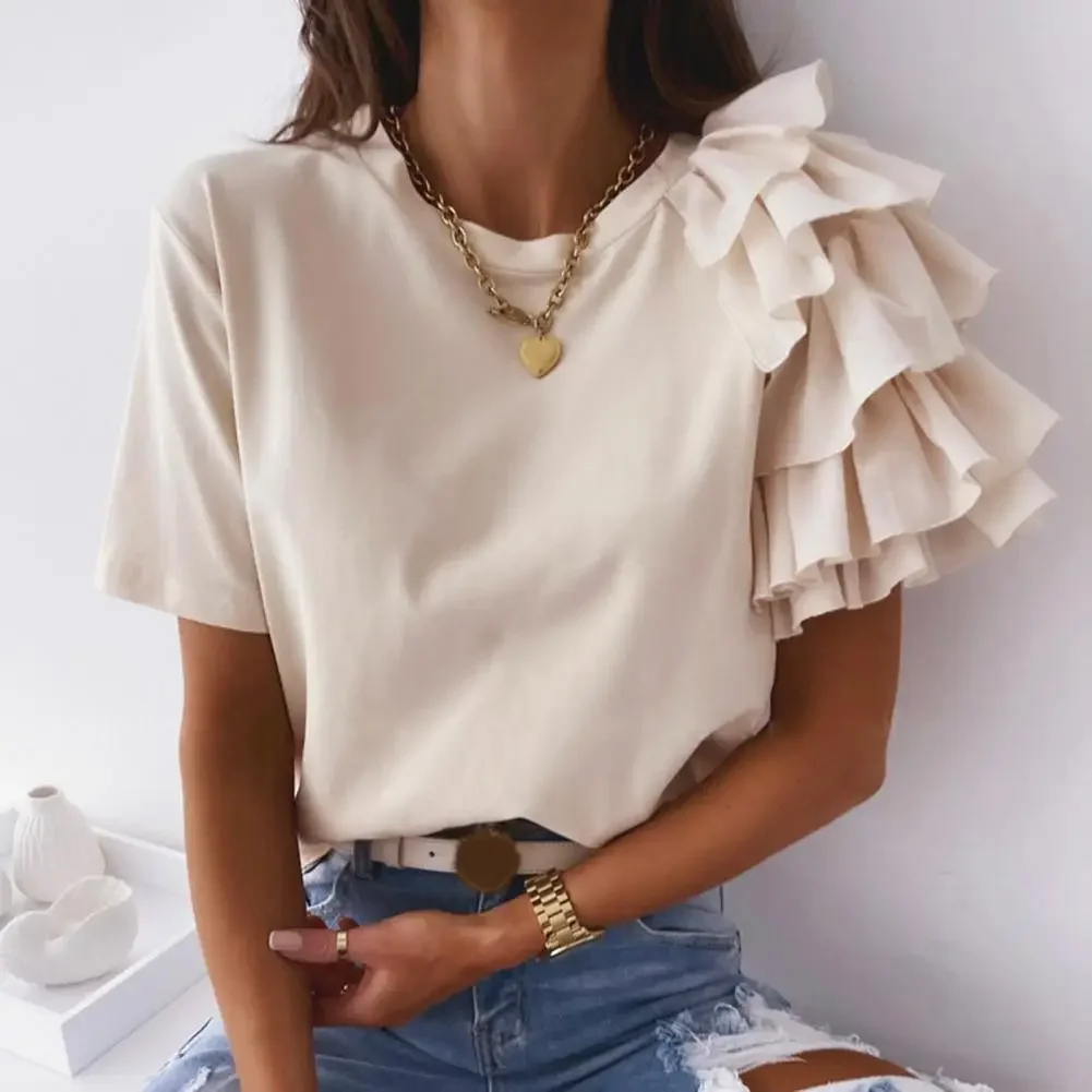 Blusa holgada asimétrica de manga corta para mujer, camisa elegante con volantes en capas, Color blanco sólido, moda de verano