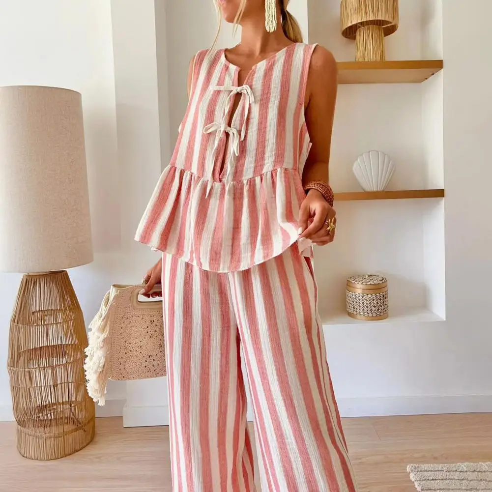 

Наряд из полиэфирного волокна, полосатый топ на бретелях, широкие брюки, комплект для женщин, одинаковый наряд для отдыха, летний пляжный комплект из двух предметов, стильный