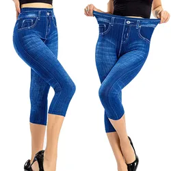 New Fake Jeans Leggings Women Stretch Printed Short Legging Plus Size Calf-length Pants Summer Breeches High Waist Jeggings