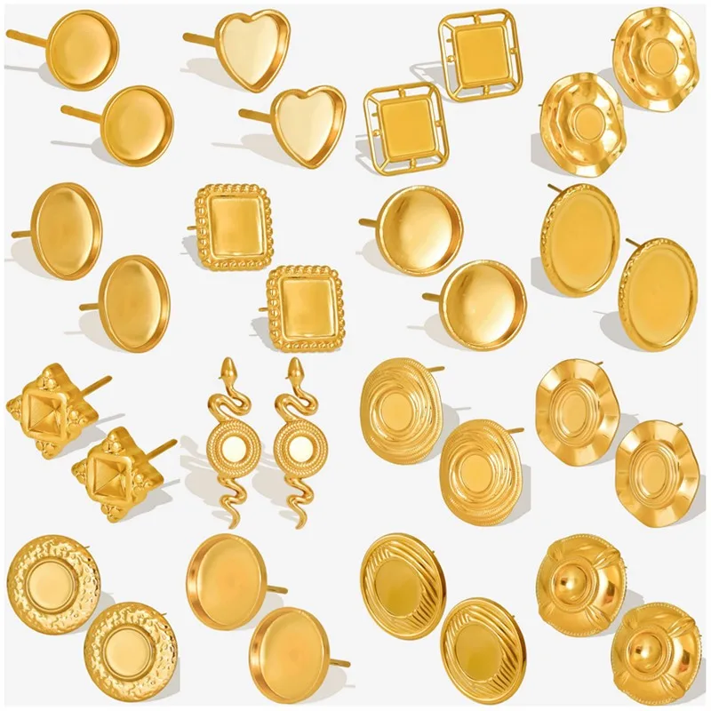Geometric Round Square Heart Snake Blank Settings Cobochons Stainless Steel Ear Studs For Women Men Real Gold Plated DIY Jewelry