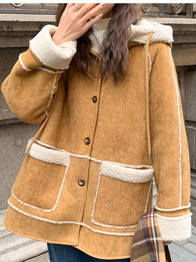 Autumn Winter New Hooded Lamb Wool Coat Sheepskin Fur Suede Parka Thickened Cardigan Motorcycle Leather Jacket