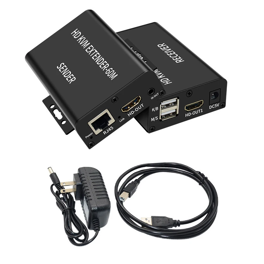 HDMI KVM Extender Over Rj45 Cat6 Cable 60M Video Transmitter and Receiver Support USB Keyboard and Mouse One Side Power Supply