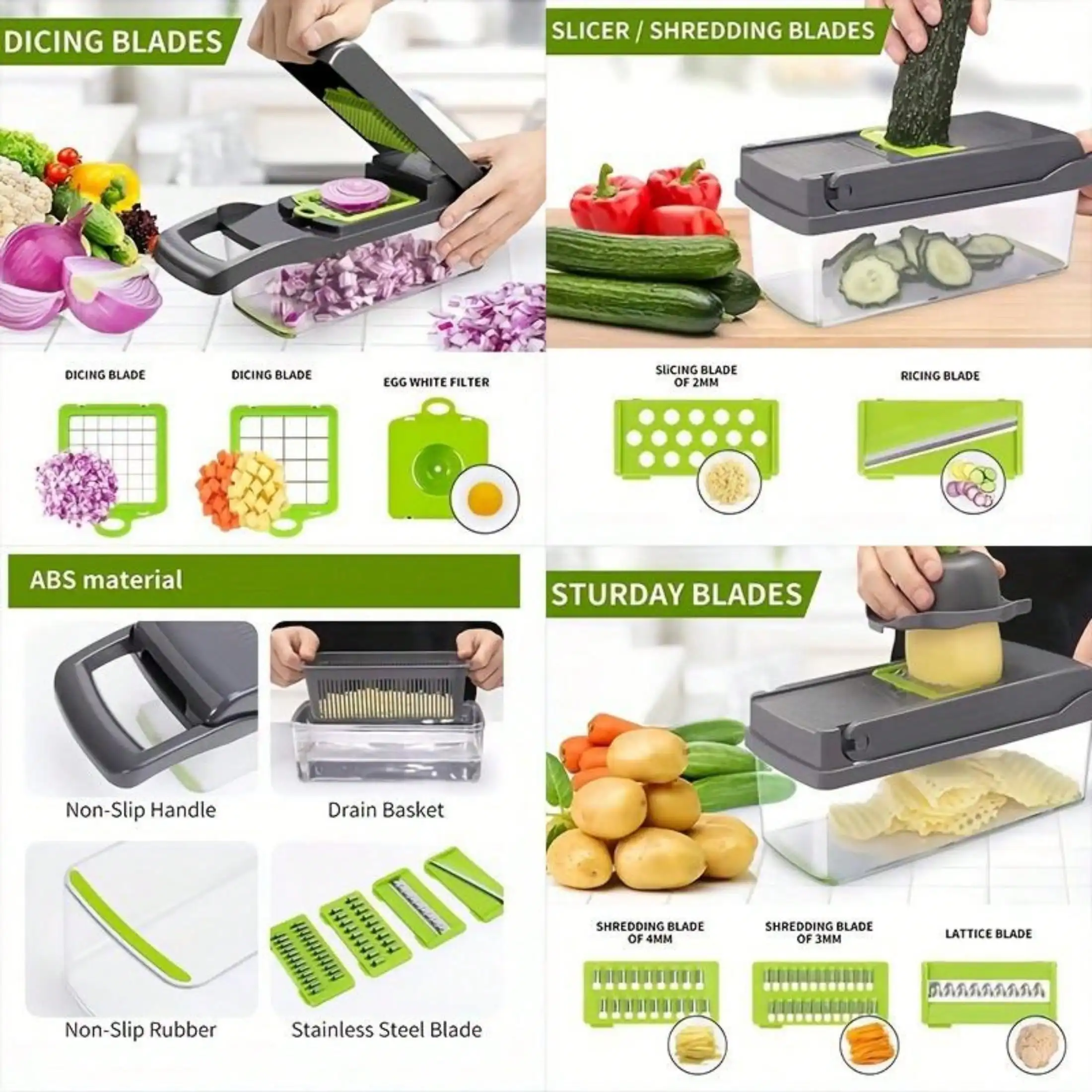 15PCS Premium Vegetable Chopper - Slice/Chop Fruit/Veg, Interchangeable Blades + Storage Containers