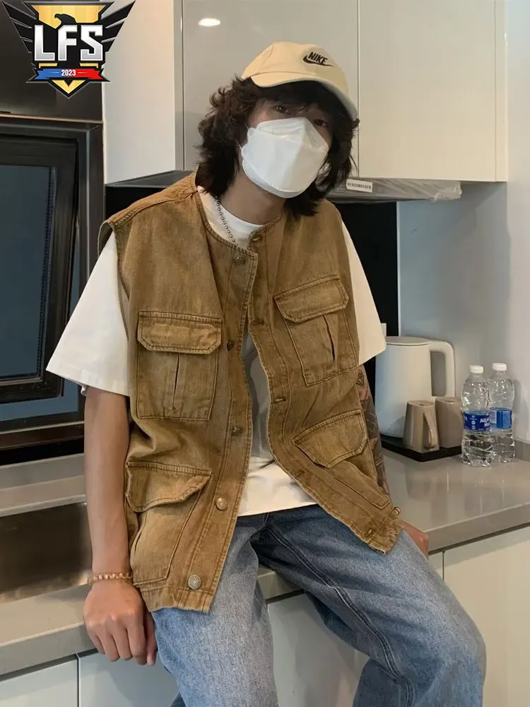 

Vest Male Loose All-match Simple Couple Ins Fashion Popular Retro Solid Color Youth High Street New Style Japanese Splicing