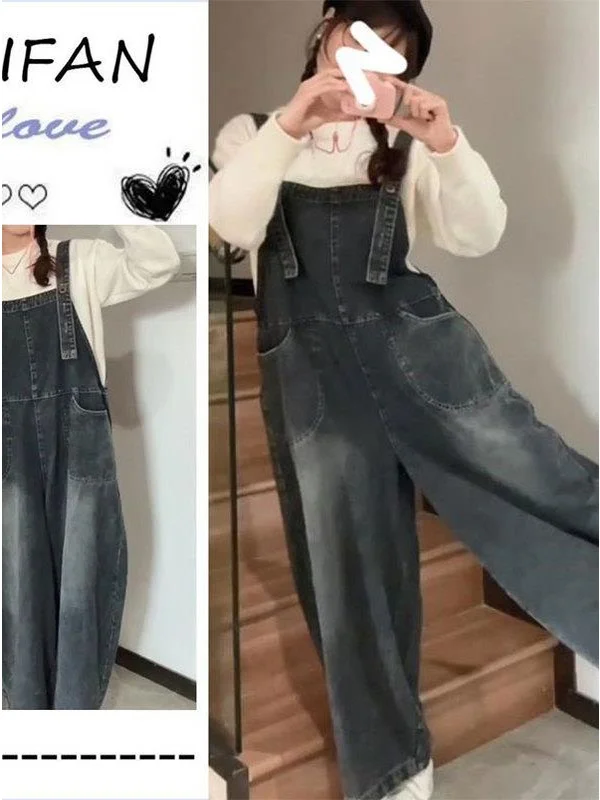 

Джинсовый комбинезон больших размеров для женщин, свободный крой, весна-осень, с высокой талией, удобный, с широкими штанинами, для полных женщин