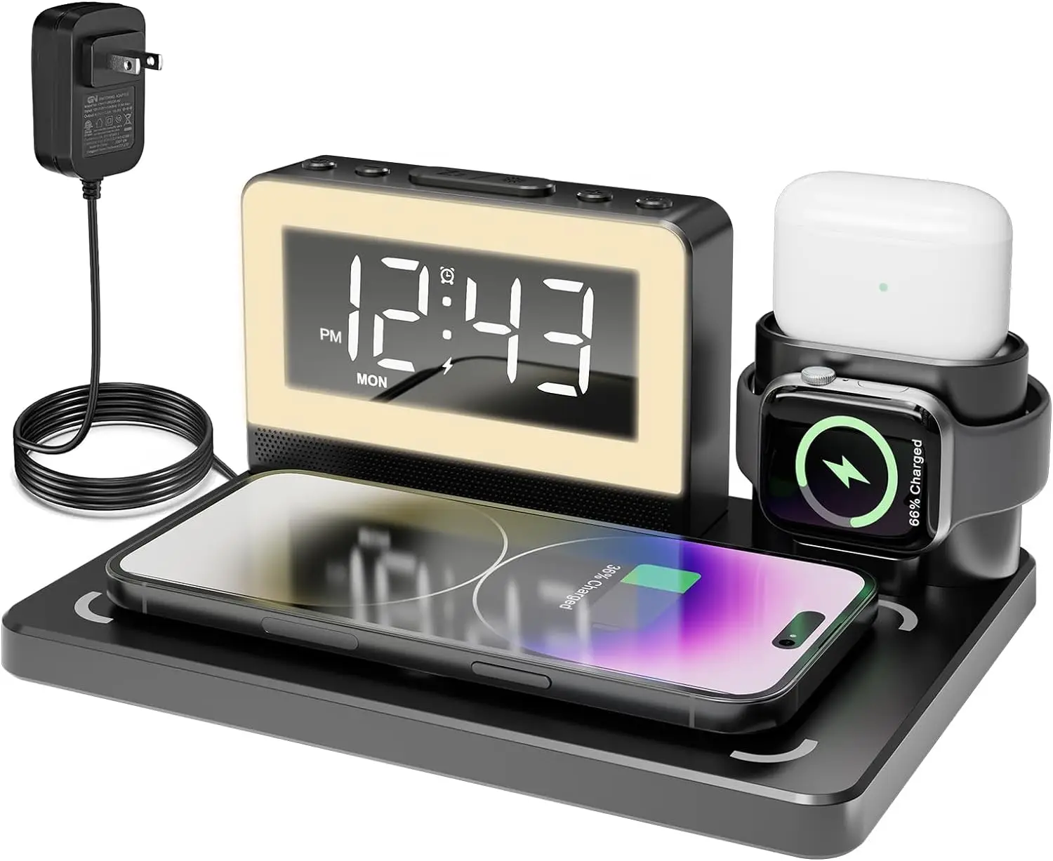 New 5 In 1 Wireless Charging Station QI2.0 Wireless Fast Charging With 7 Color Luminous Alarm Clock Wireless Charging