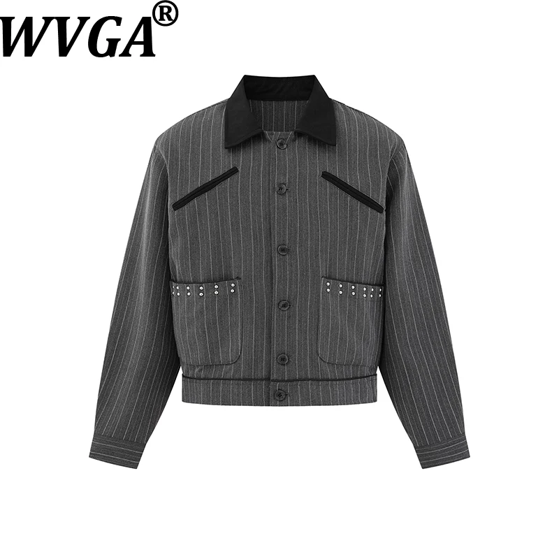 WVGA Spring Autumn New Men's Tide Striped Rivet Contrast Turn-Down Collar Jacket Niche Chic Casual Trendy Pocket Coat Ins W21762