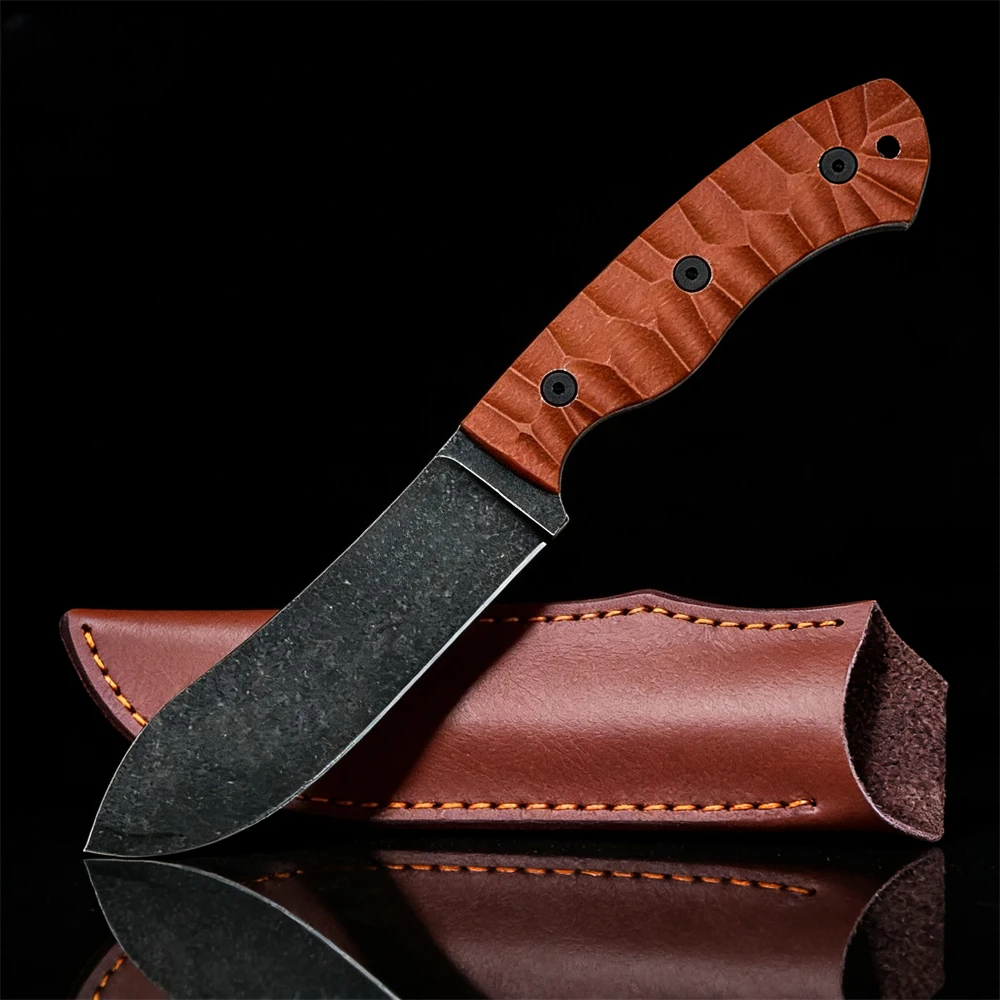 

JG5 LM Survival Fixed Blade Knife D2 Steel Tactical Hunting Knife Non-Slip G10 Handle & Leather Sheath for Camping Bushcraft