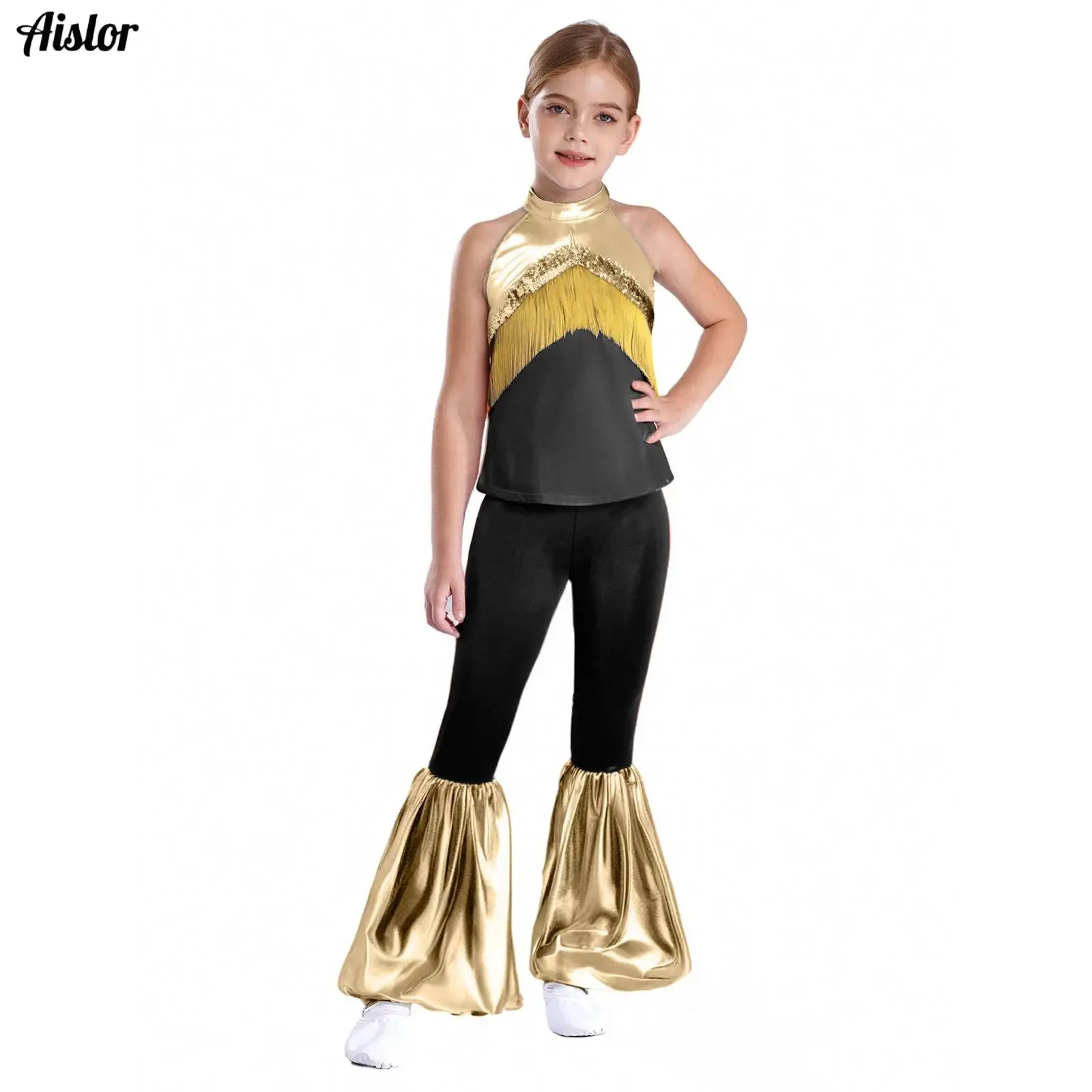 

Kids Girls Color Block 80s Disco Dance Outfits Sleeveless Tassel Sequins Metallic Crop Top Bell-Bottomed Pants Jazz Dancewear