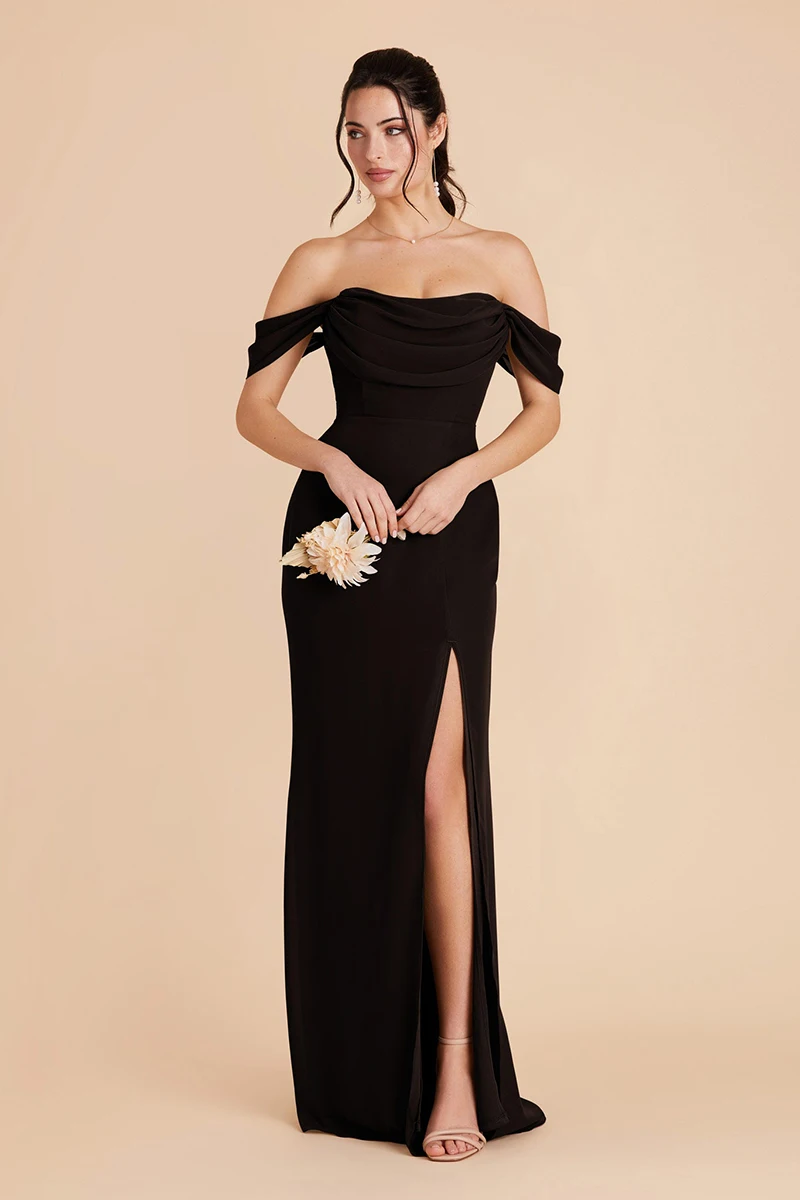 

LoveDoris Black Chiffon Bridesmaid Dress Split A-Line Evening Dress Off the Shoulder Backless Prom Dress Customize