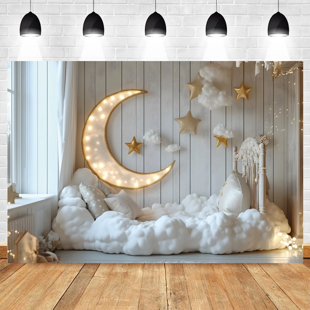 White Wall Moon Stars Photography Backdrop Indoor Baby Shower Birthday Party Decoration Pregnant Woman Art Portrait Background