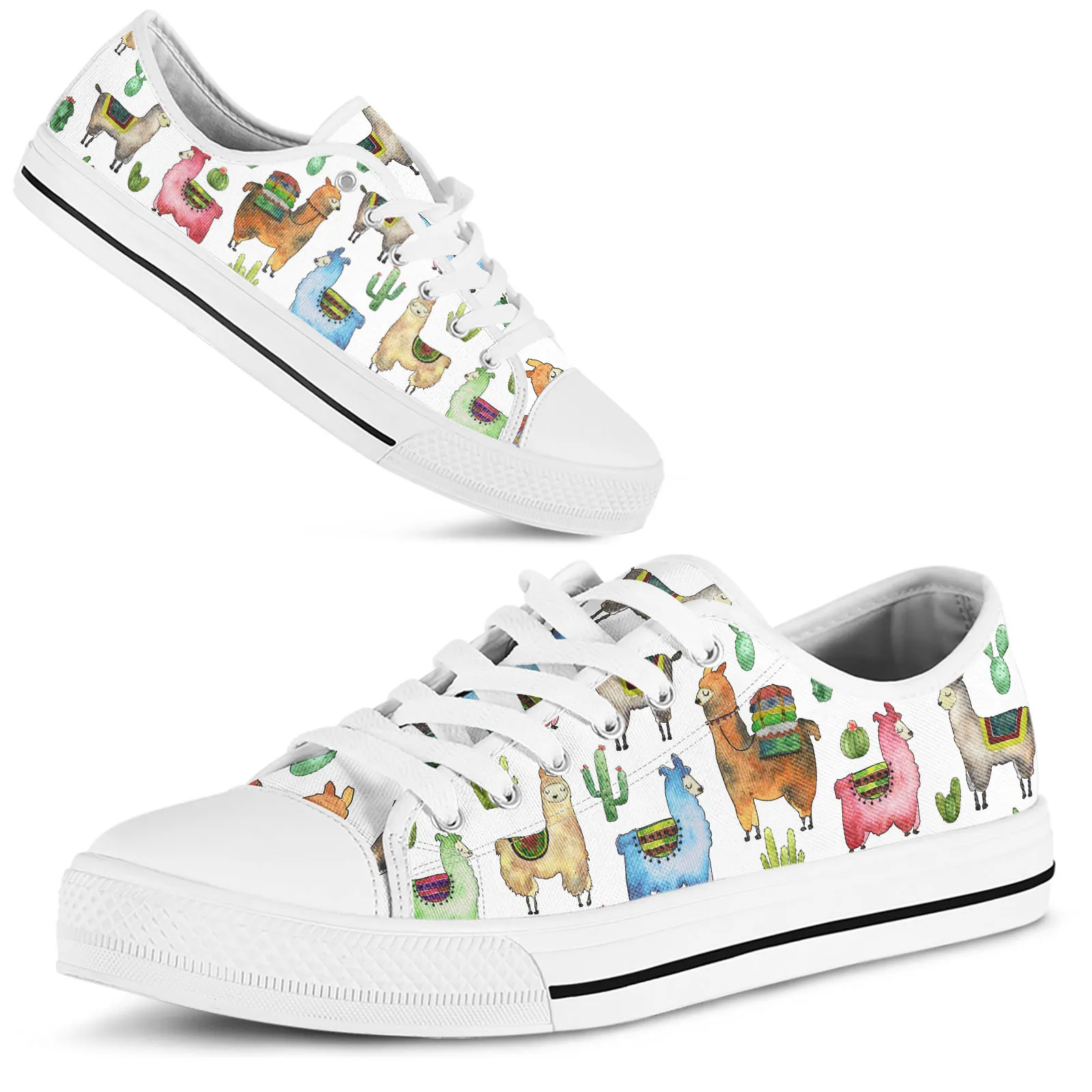 ELVISWORDS Cartoon Alpaca/cactus Print Comfortable Summer Outdoor Sneakers White Soft Sole Lace-up Shoes Animal Print Flats