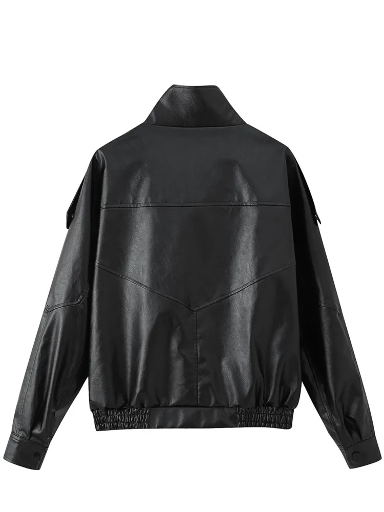 ZMEENNA Veste bombardier noire en simili cuir pour femme col haut fermeture éclair poches avant ourlet côtelé vêtements d'extérieur décontractés ZM4200