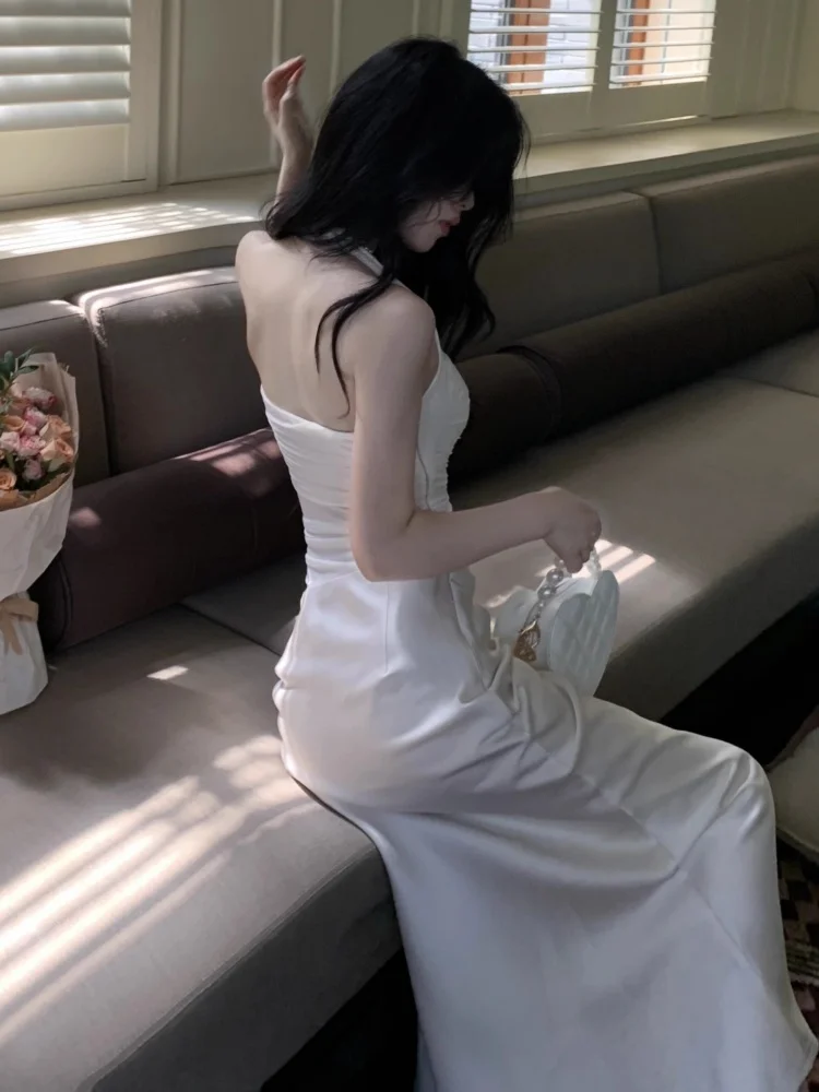 Otoño mujeres Vestidos de sirena de satén elegante Halter sin mangas Slim Chic Vintage Vestidos fiesta de noche salir de noche trajes