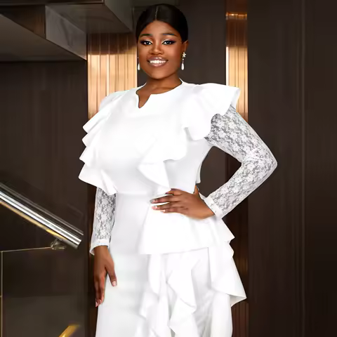 Plus-size Women's White Lace Sleeve Ruffle Dress, Irregular Fishtail Evening Dress, Elegant And Form-fitting Casual Y2K