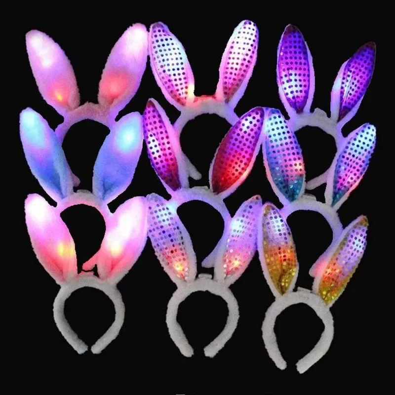 Sequin Plush Rabbit Bunny Ears Headband LED Glow Hair Band Neon Party Gift Cosplay Birthday Navidad Wedding Festival