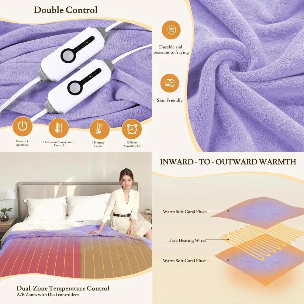 

Queen Size Electric Blanket 84x90 - 4 Heat Levels, Dual Controls, 10H Auto-Off, Soft Coral Fleece, Overheat Protection, Light Pu