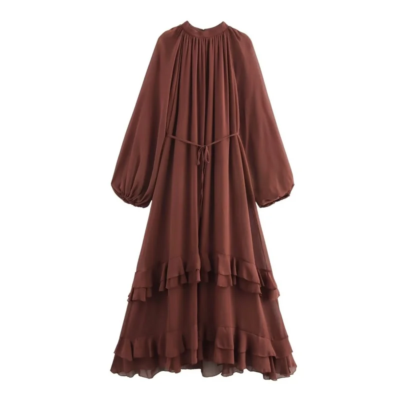 

Women's Brown Puff Sleeve Chiffon Maxi Dress, Belted Ruffle Hem Casual Long Dress for Daily Campus Office