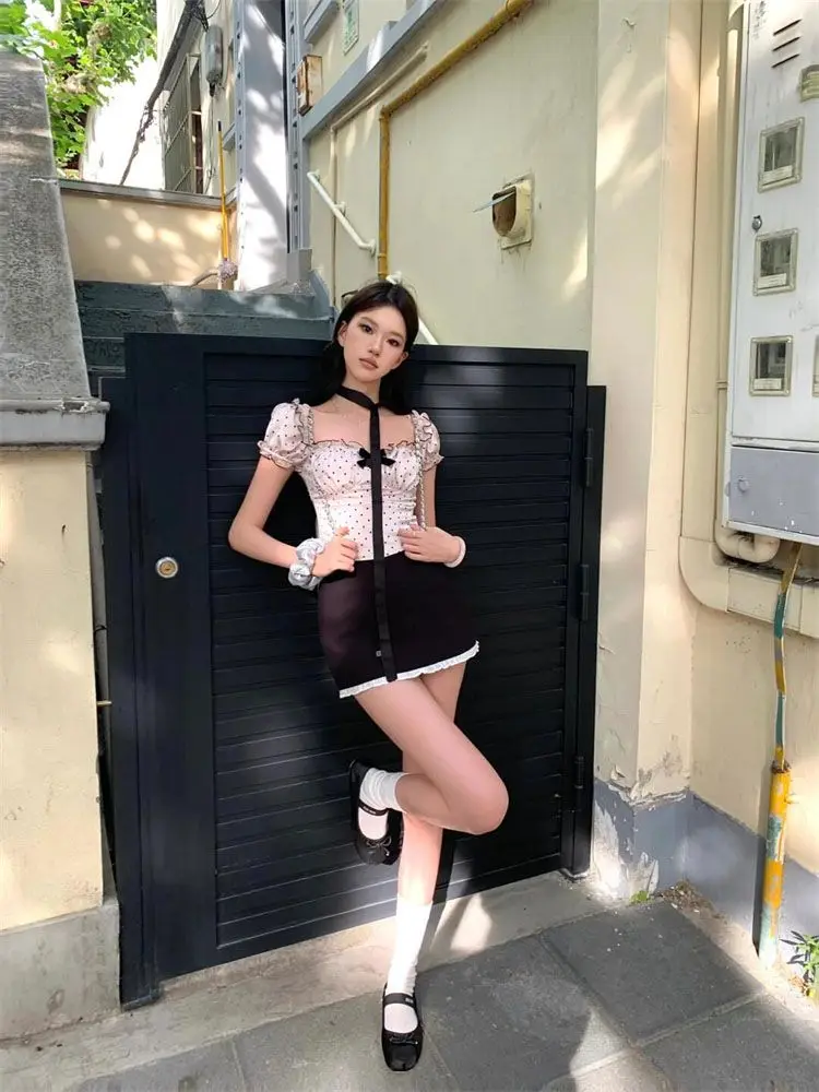 

Женский комплект из двух предметов, большой размер, милый стиль для девочек, тонкий дизайн, высококачественный топ с бантом в горошек и юбка для похудения на талии