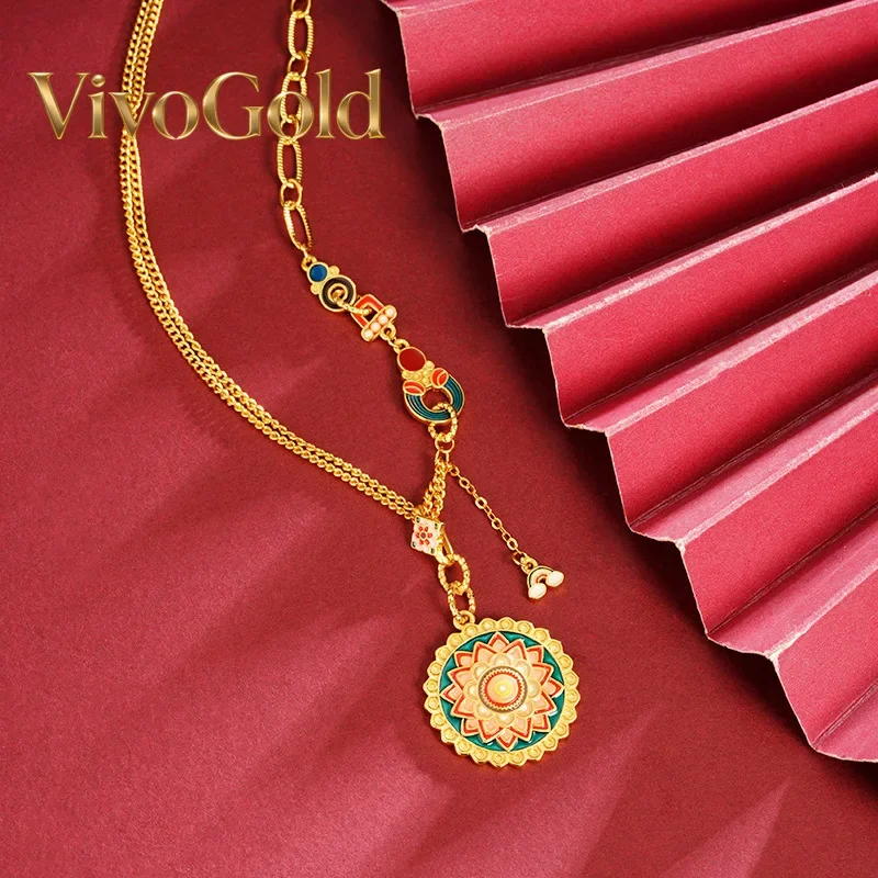 VivoGoldNational Trend Ancient Method 9999 24K Real Gold Necklace Enamel Mandala Time Wheel Clavicle Chain Women's Retro
