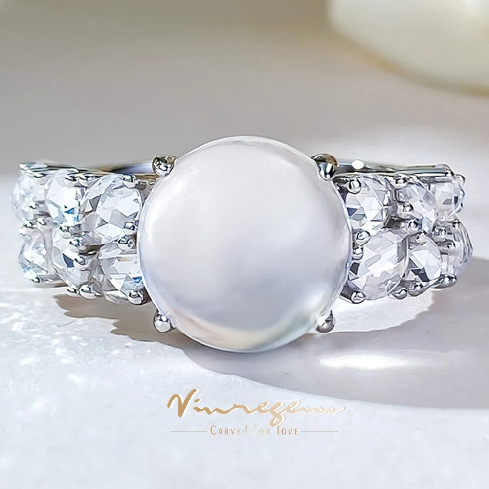 

Vinregem 10 MM Round Natural White Jade Gemstone Romantic Ring For Women 925 Sterling Silver Engagement Party Fine Jewelry Gifts