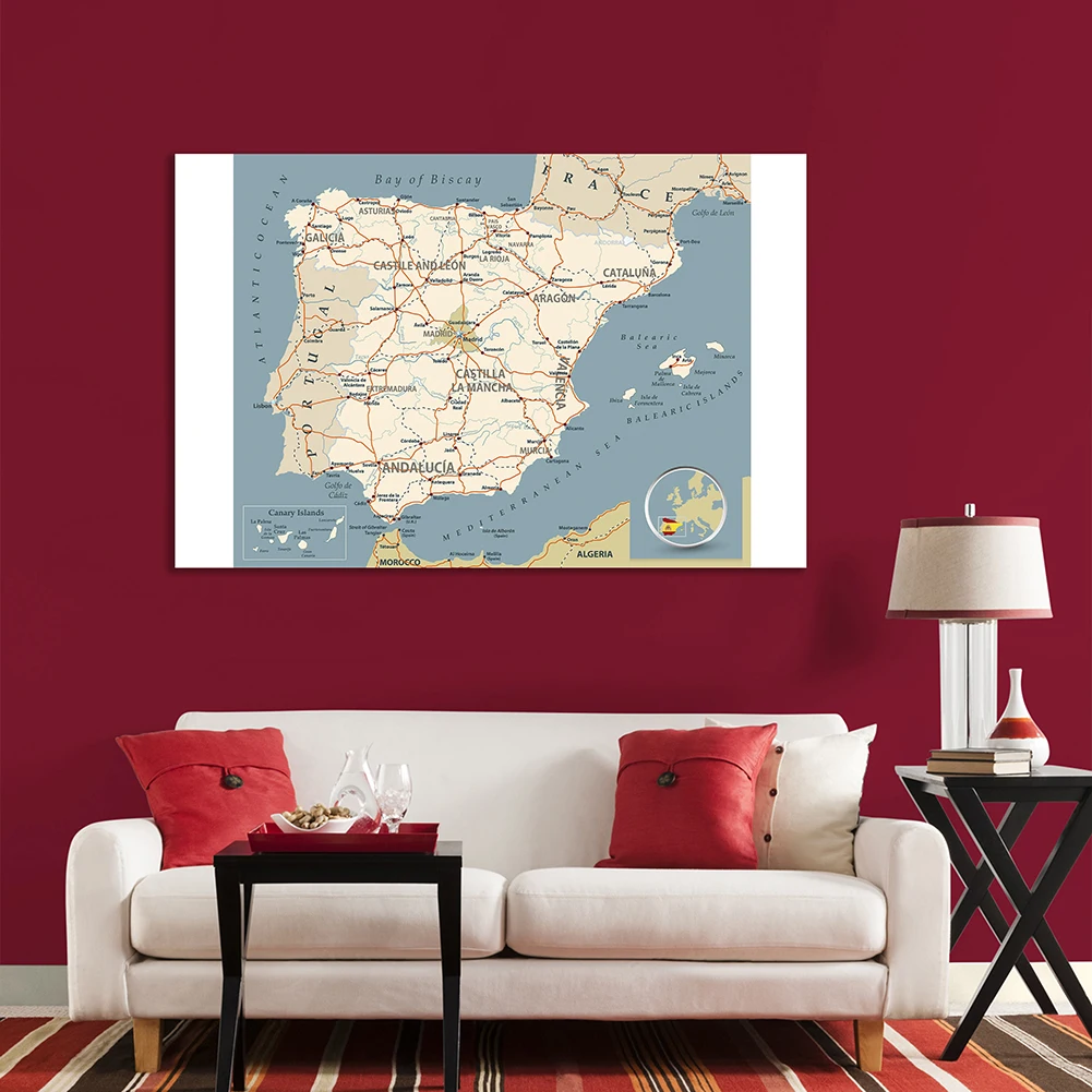 150*100 cm Road Network Map of The Spain Wall Art Poster Non-woven Canvas Painting School Supplies Living Room Home Decoration