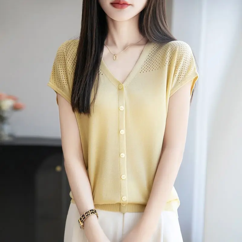 Ropa de mujer, moda de verano, botón coreano, calado, Color sólido, cuello en V, temperamento que combina con todo, mangas voladoras, manga corta