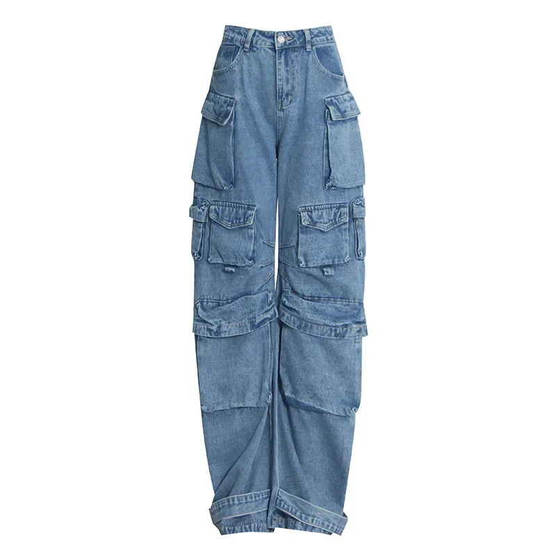 Women\'s Multiple pockets stitching Denim  pants Straight tube long pants loose  wide leg Side work pocket cargo pants