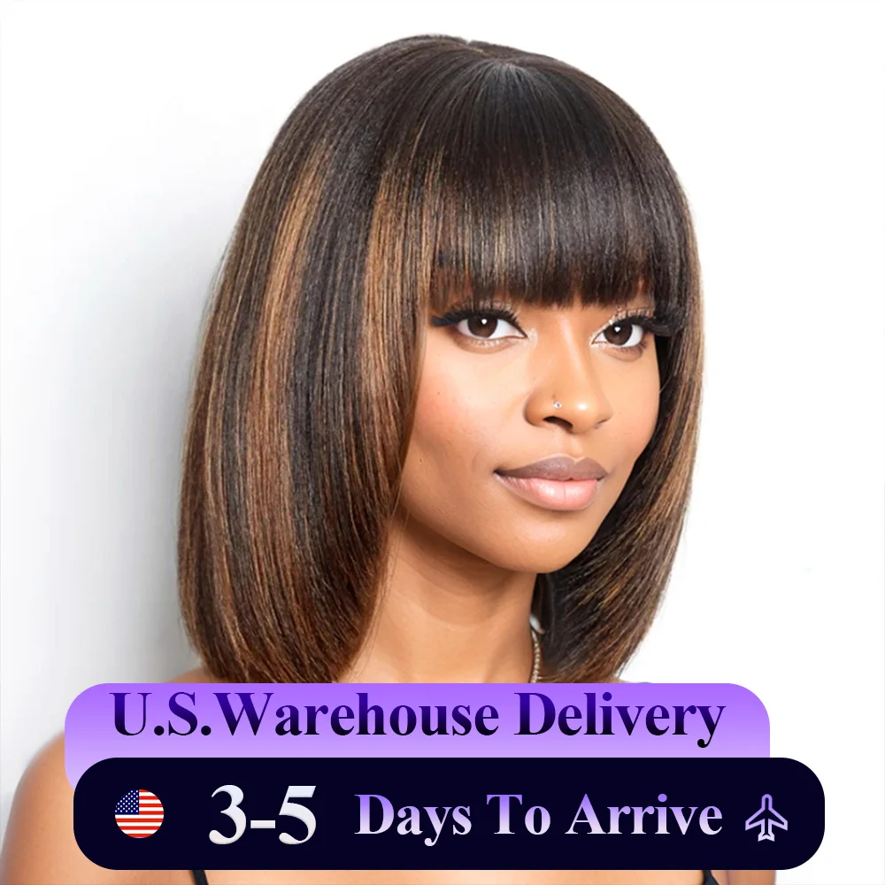 Brown Highlight Straight Bob Wig Human Hair Glueless Wigs with Bangs 2x1 Lace Wig Layered Cut Wig Bob Short Bob Wig 180% Density