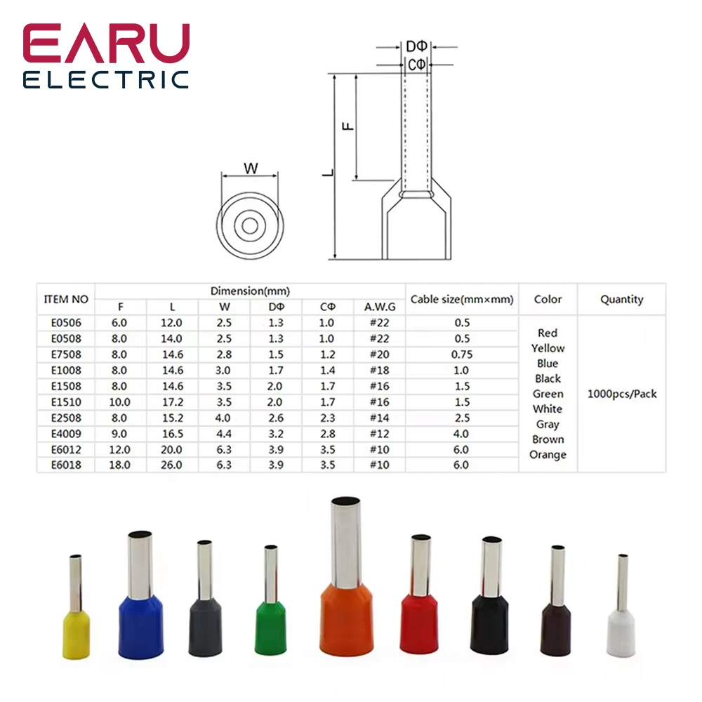 1000pcs/Pack E0508 E7508 E1008 E1508 E2508 Insulated Ferrules Cable Terminals Electrical Terminator Block Cord End Wire Connecto