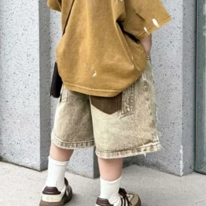 2026 New Boy's Summer Set with Hole Denim Shorts Korean Streetwear Style Edgy Casual Short Sleeve Tee Multi Sizes