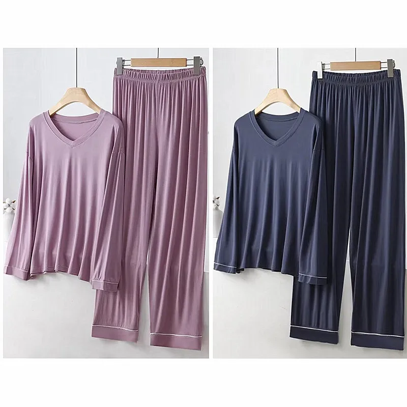 

Modal Large Size Two Piece Set Pajamas Women's Spring Autumn Loose Long Sleeve Home Clothes Casual V Neck Sleepwear Pijama 3XL