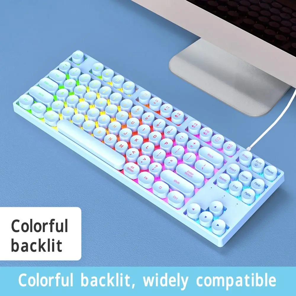 Durable 87 Keys Mechanical Keyboard Colorful Backlit Round Keycaps USB Wired Keyboard Typewriter Keyboard PC