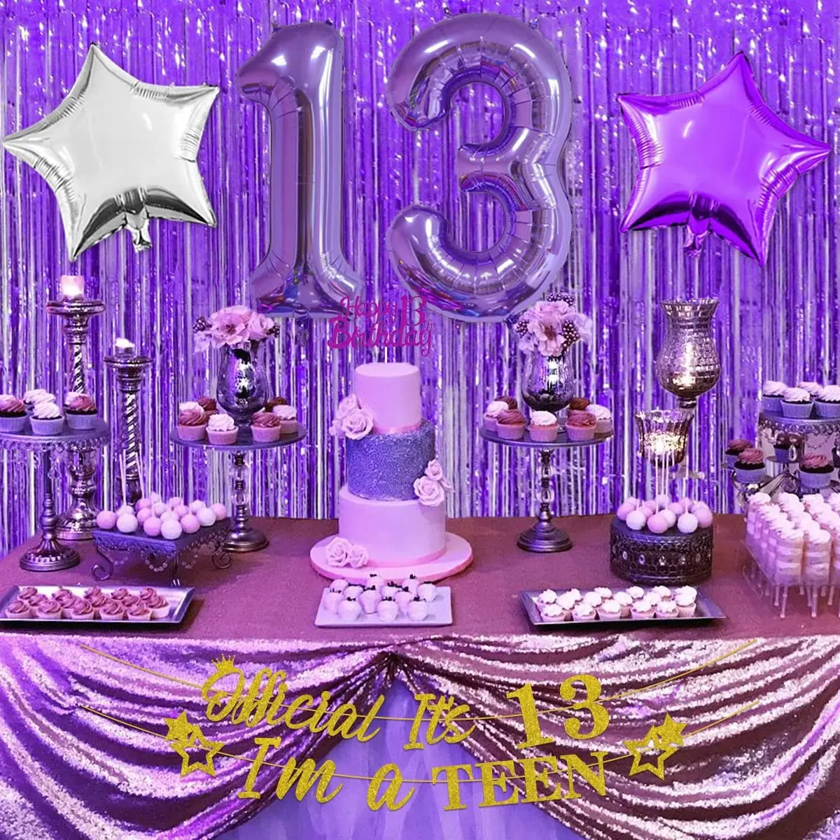 Imagem -03 - Joymemo-purple 1st Birthday Decorações Happy Birthday Banner Número 13 Foil Balloon For Girls Party Decor