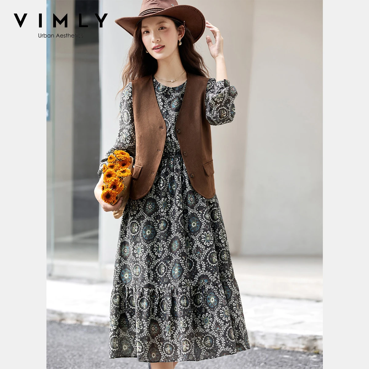 VIMLY trajes de vacaciones mujer 2025 nuevo vestido traje otoño Vintage marrón chaleco estampado Floral vestidos largos trajes de mujer A2936