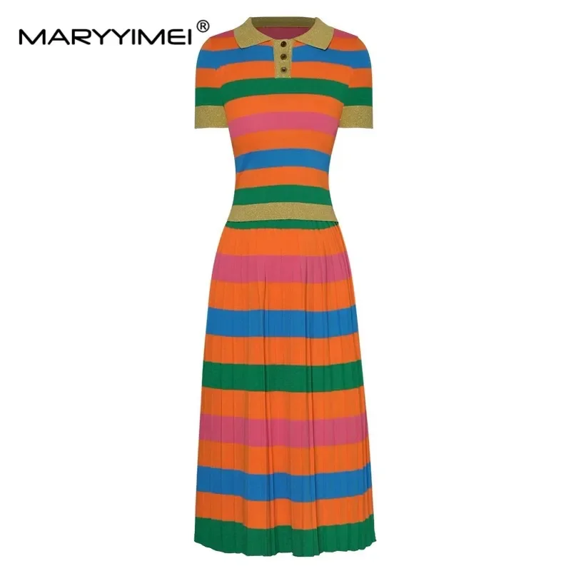 

MARYYIMEI Summer Women's Suit Short sleeved T-shirt top+Pleated skirt Striped knitted elastic Fashion two-piece set
