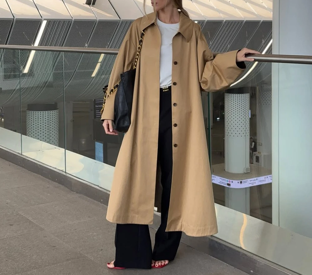 レディースシンプルロングトレンチコート2025秋冬ラペルシングルブレストトレンチコート純綿ゆったりレディーストレンチコート