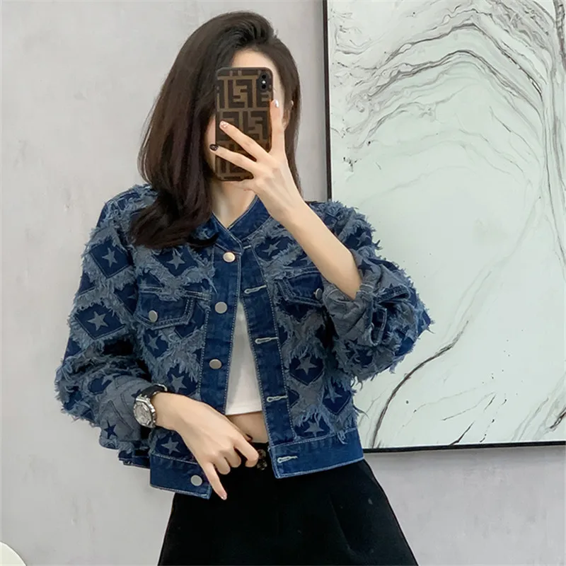 Blue Short Denim Jacket Frayed Burrs Stars Decoration Stand Collar Single-breasted Long Sleeve Spring Women Jeans Jacket Coat