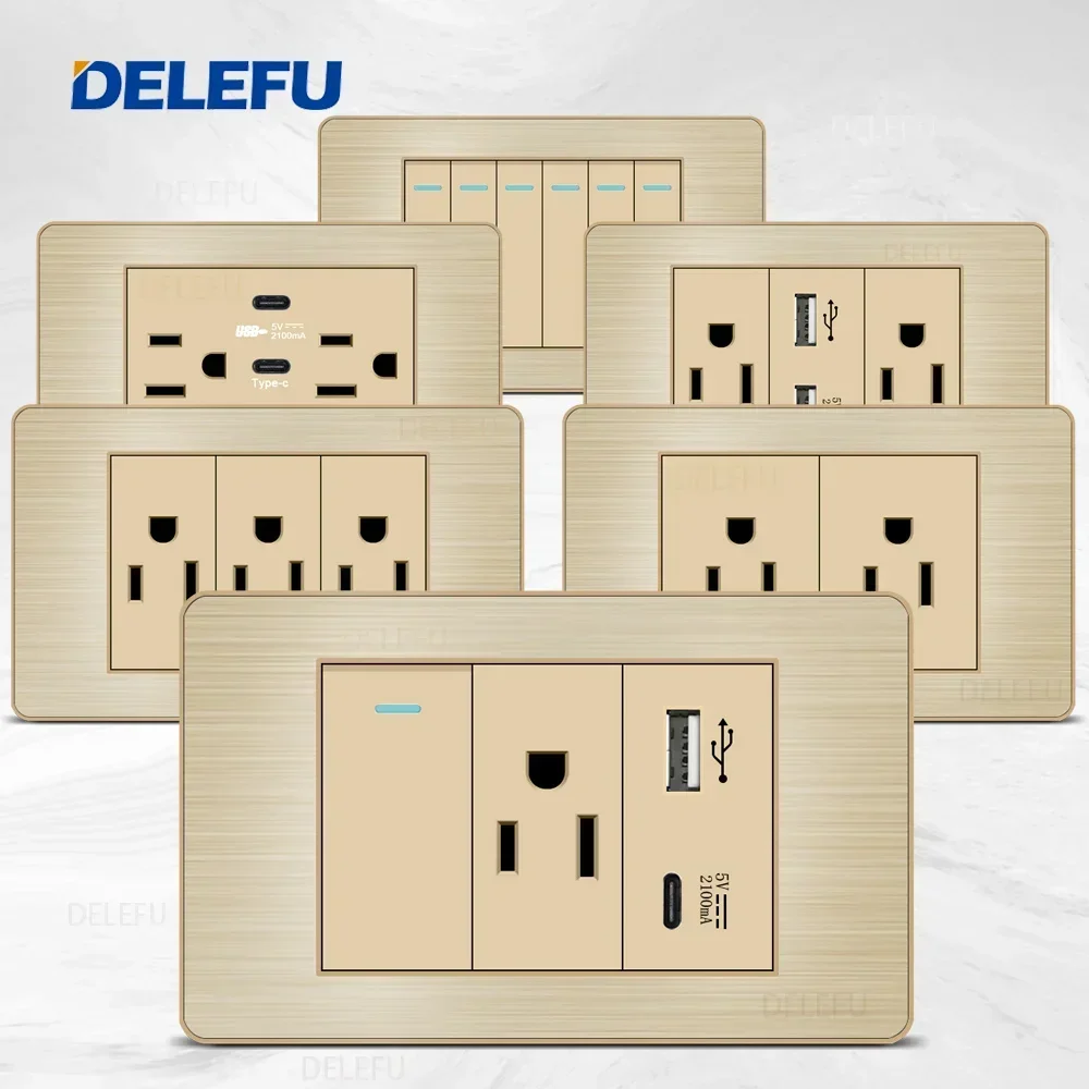 DELEFU- Stainless Steel Gold Panel Series American Standard Switch Socket Computer USB Type C Wall Power Socket
