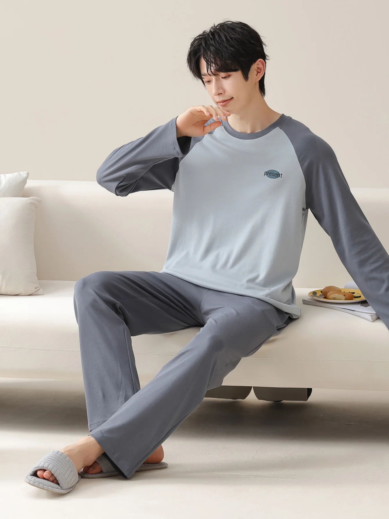 ملابس نوم رجالية 100% قطن بأكمام طويلة للفصول الأربعة مقاس كبير، طقم بدلة منزلية من القطن الخالص للمراهقين للدفء #6